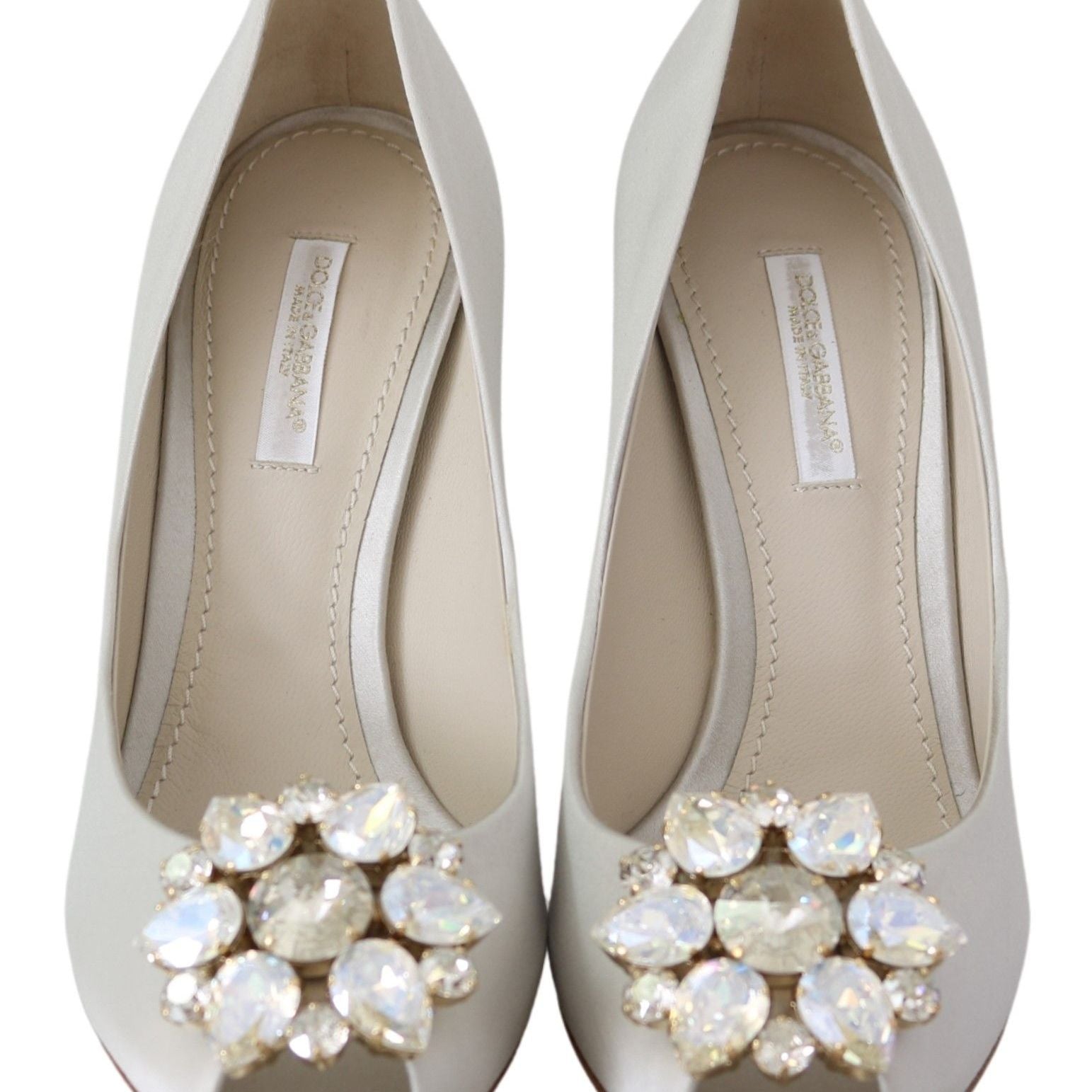 Dolce & Gabbana White Crystals Peep Toe Heels Satin Pumps Shoes