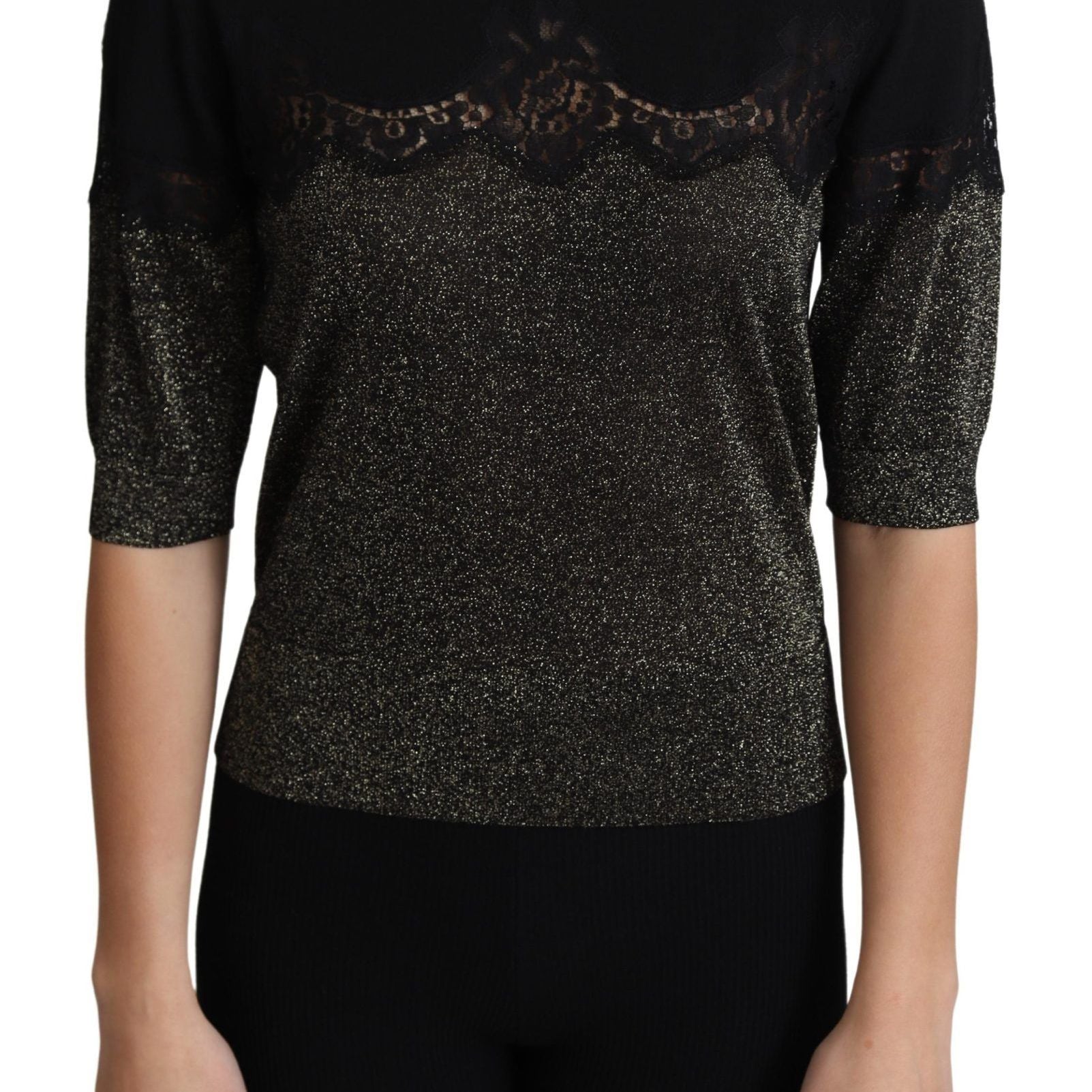 Dolce & Gabbana Black Shiny Lurex Lace Insert Pullover Top