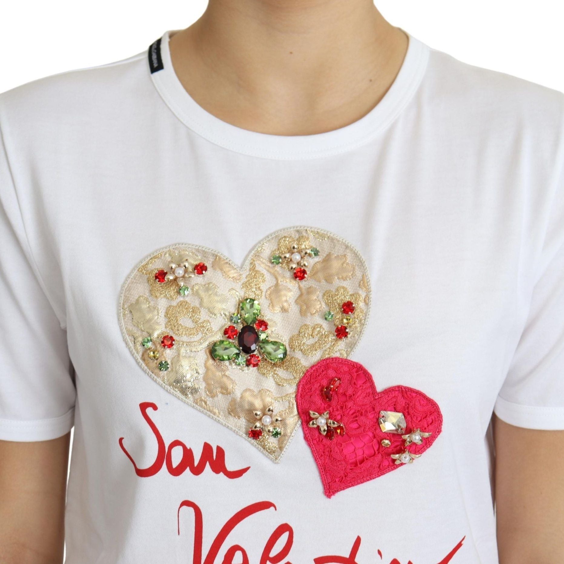 Dolce & Gabbana White San Valentino Heart Crystals T-shirt Top