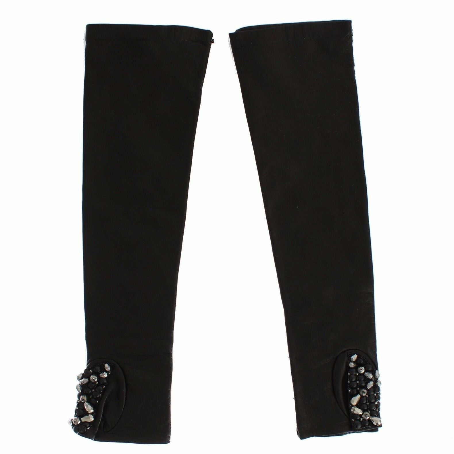 Dolce & Gabbana Black Leather Crystal Beaded Finger Free Gloves