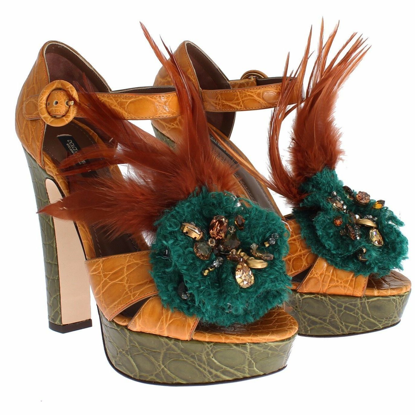 Dolce & Gabbana Orange Leather Crystal Platform Sandal Shoes
