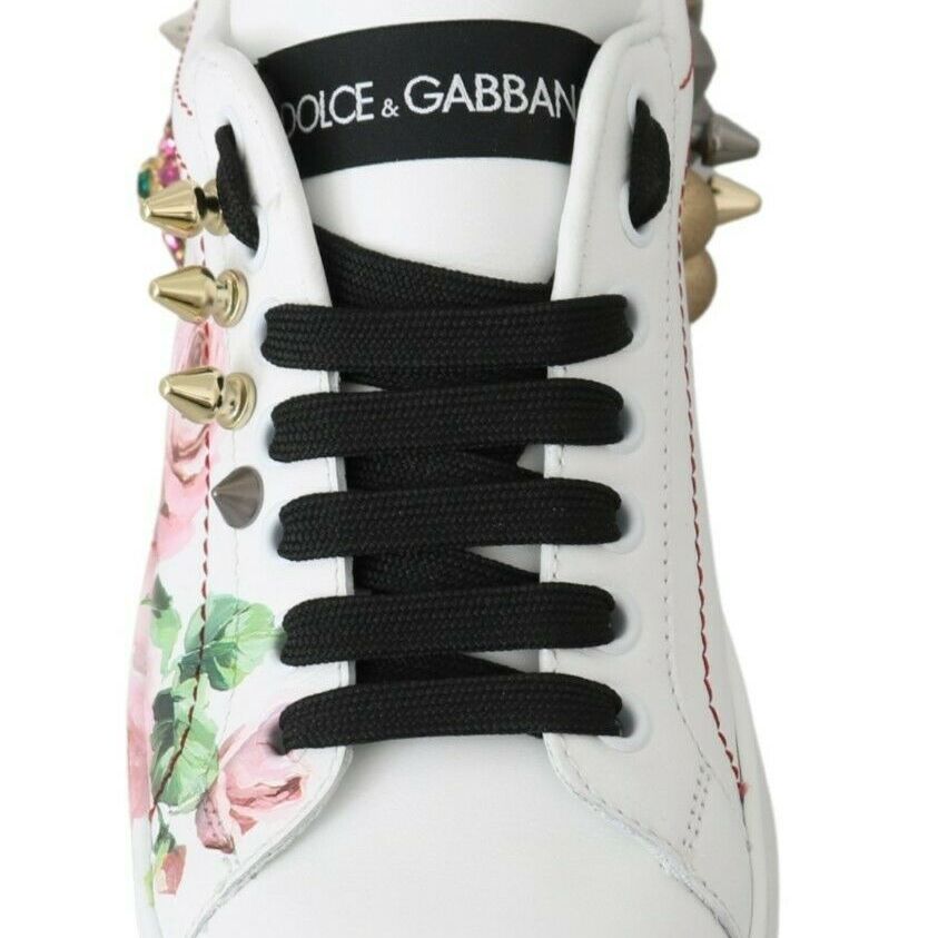 Dolce & Gabbana White Leather Crystal Roses Floral Sneakers Shoes