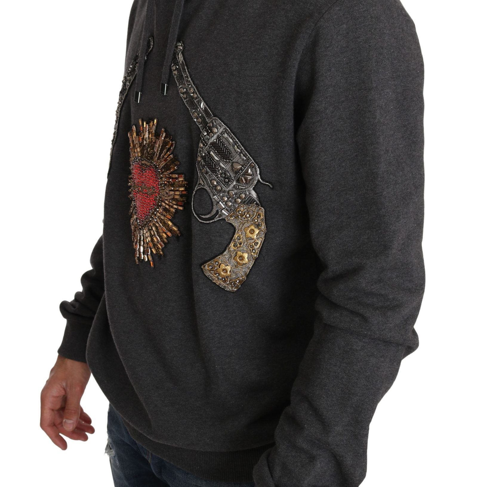Dolce & Gabbana Gray Hooded Red Crystal Heart Gun Sweater