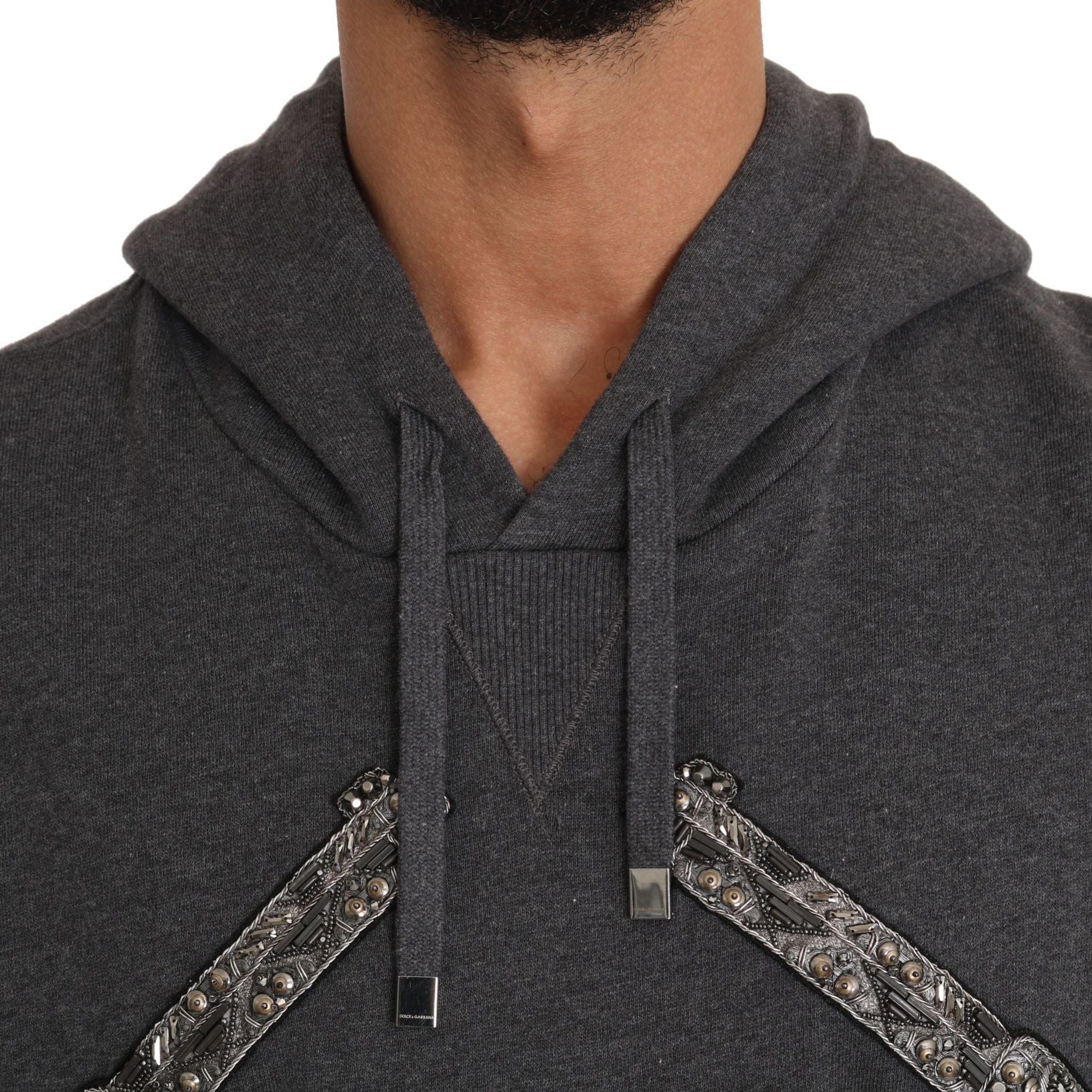 Dolce & Gabbana Gray Hooded Red Crystal Heart Gun Sweater