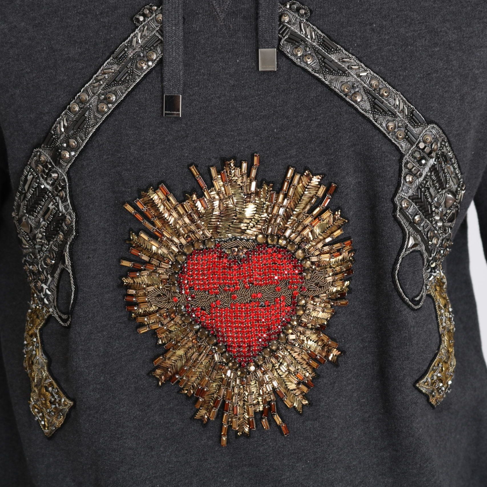 Dolce & Gabbana Gray Hooded Red Crystal Heart Gun Sweater