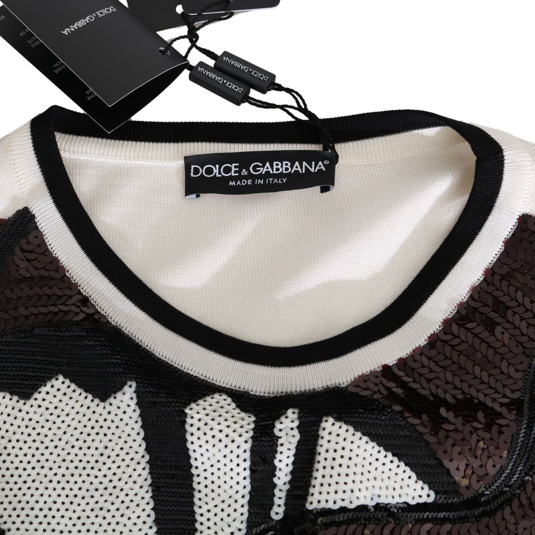 Dolce & Gabbana White Jazz Sequined Guitar Pullover Top Sweater