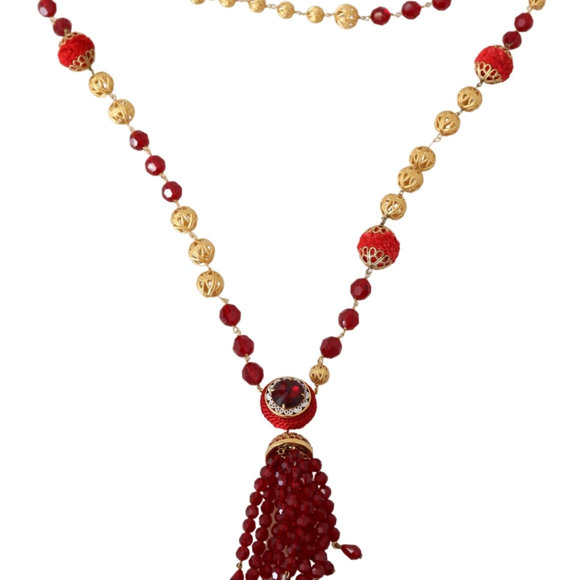 Dolce & Gabbana Gold Tone Brass Red Crystals Pendant Opera Chain Necklace