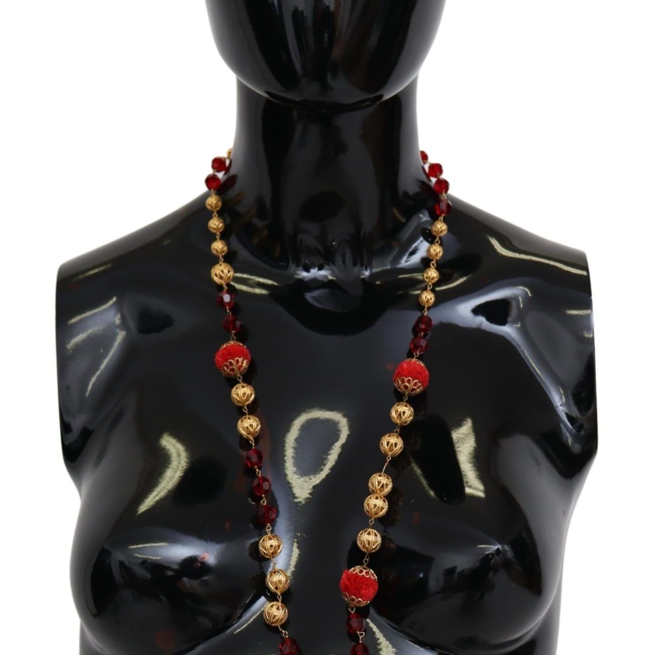 Dolce & Gabbana Gold Tone Brass Red Crystals Pendant Opera Chain Necklace