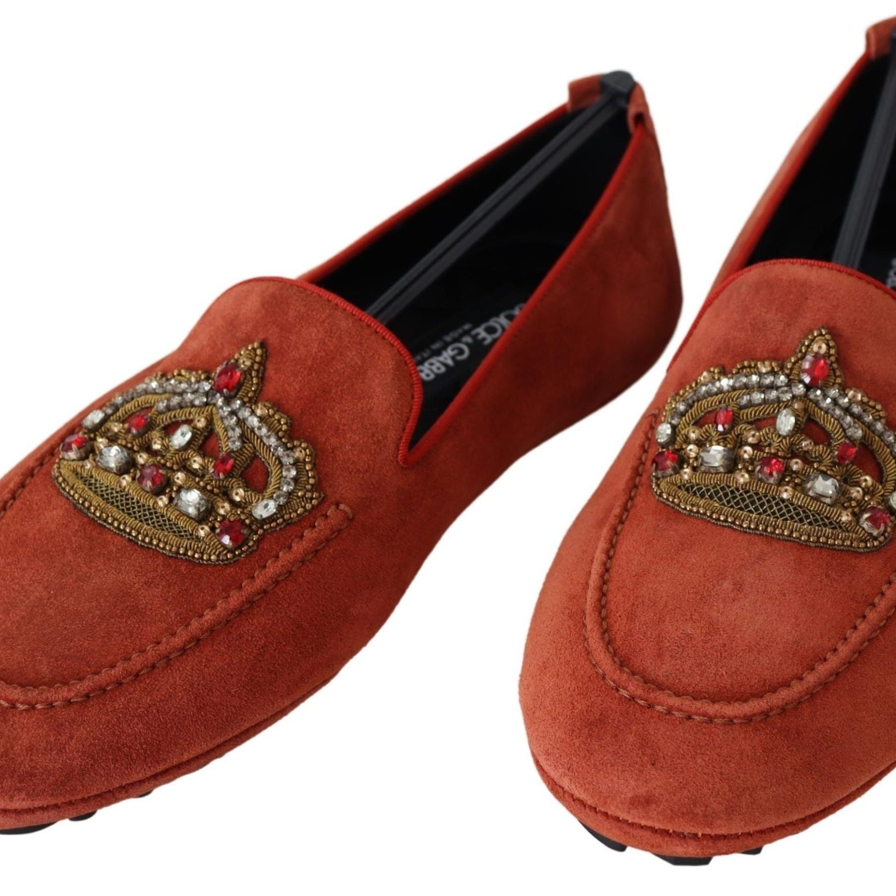 Dolce & Gabbana Orange Leather Crystal Crown Loafers Shoes