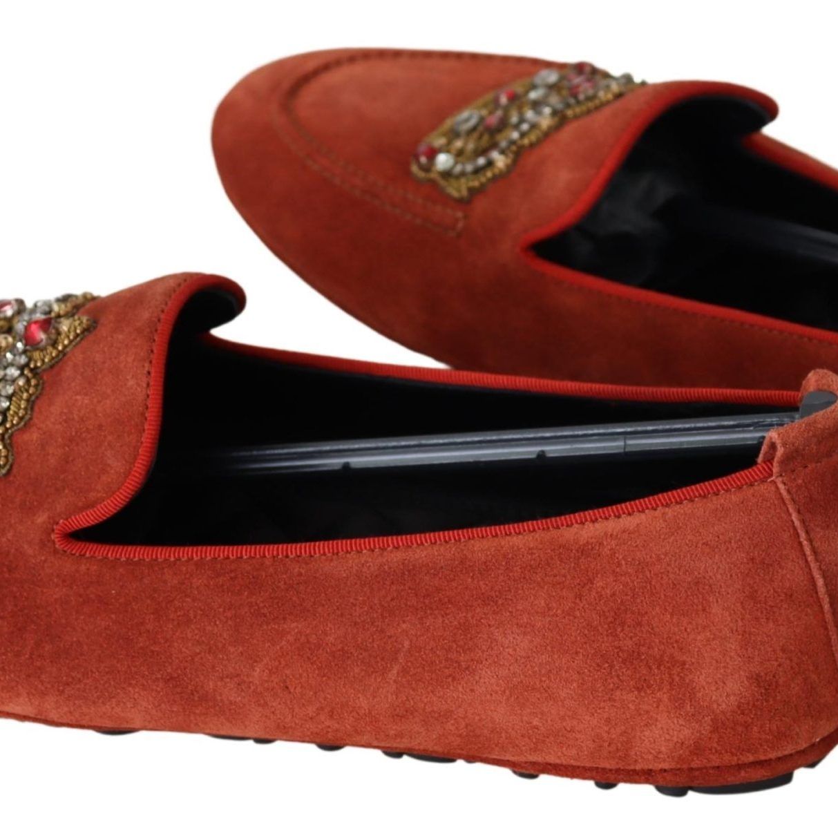 Dolce & Gabbana Orange Leather Crystal Crown Loafers Shoes