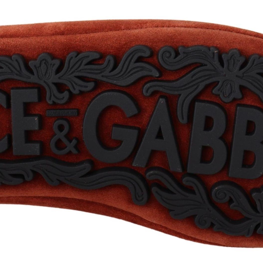 Dolce & Gabbana Orange Leather Crystal Crown Loafers Shoes