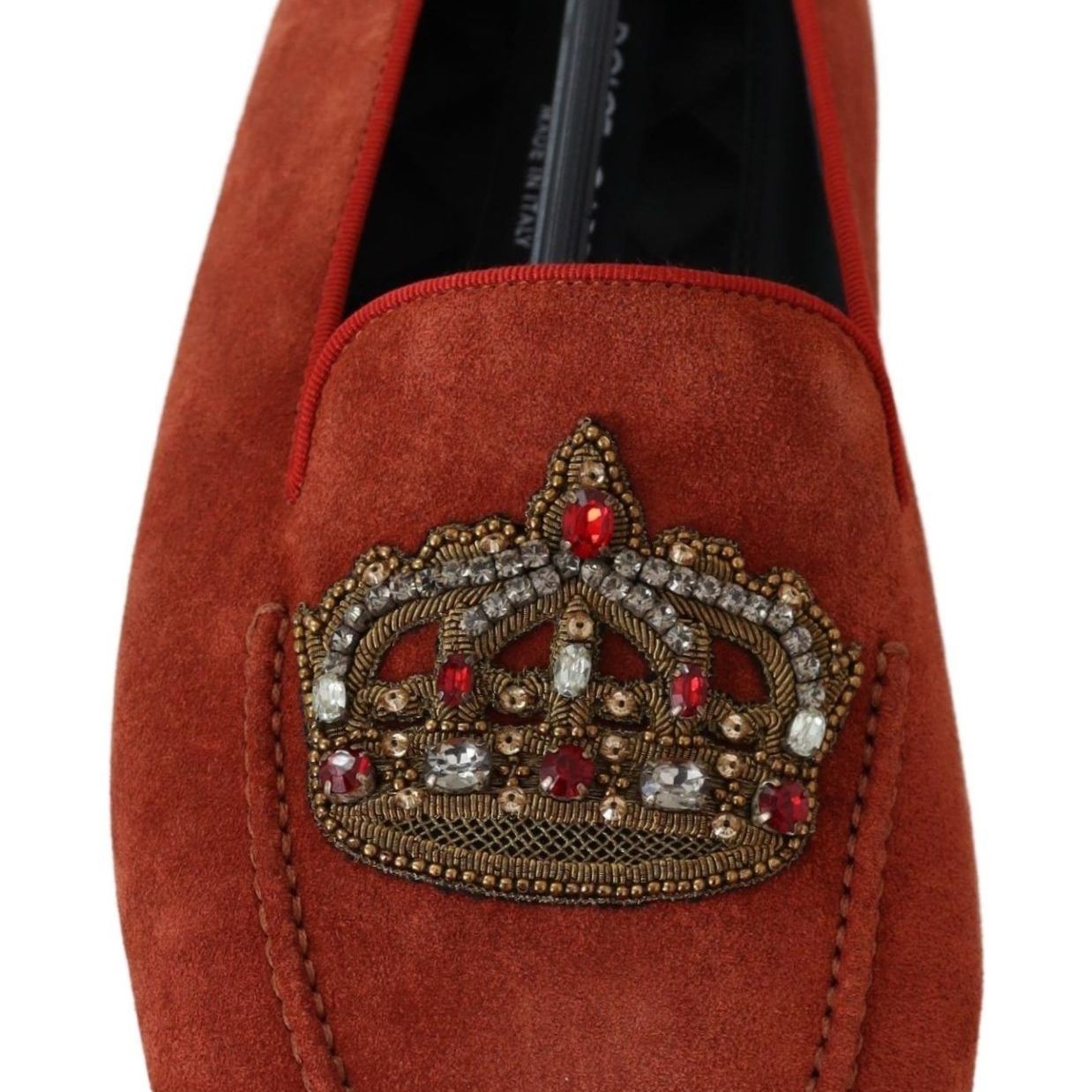 Dolce & Gabbana Orange Leather Crystal Crown Loafers Shoes