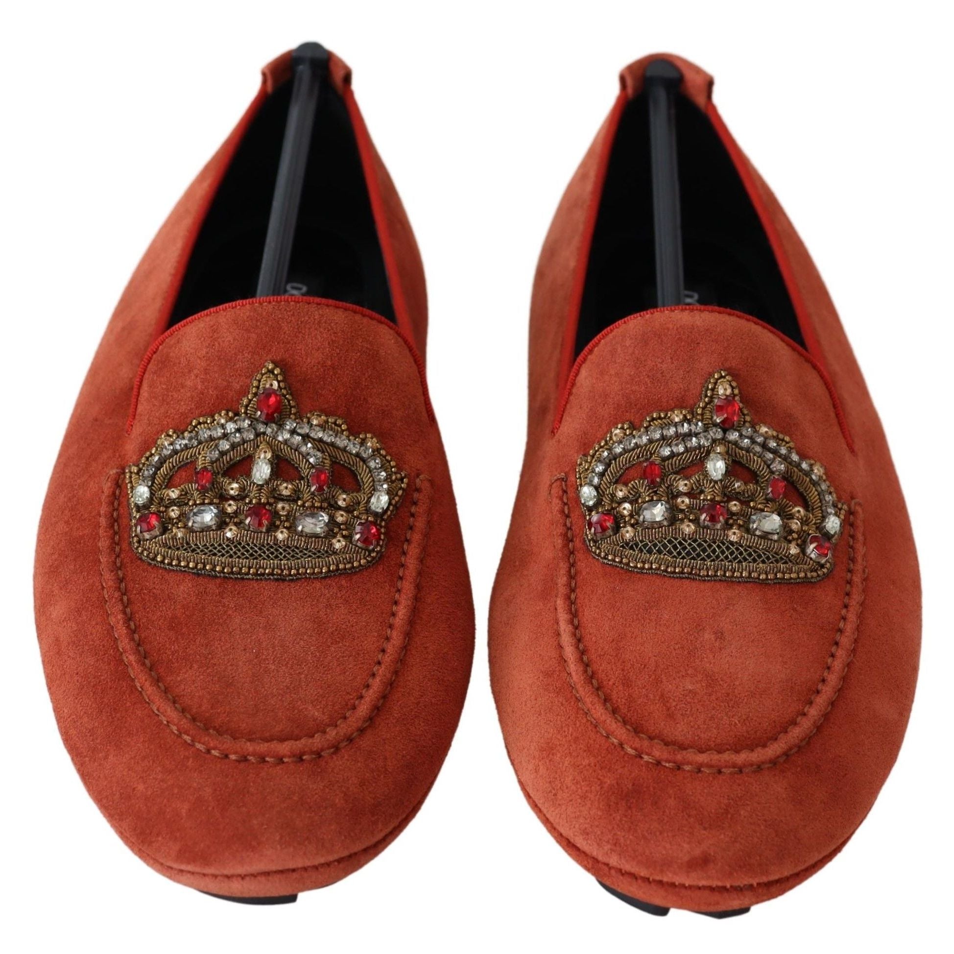 Dolce & Gabbana Orange Leather Crystal Crown Loafers Shoes