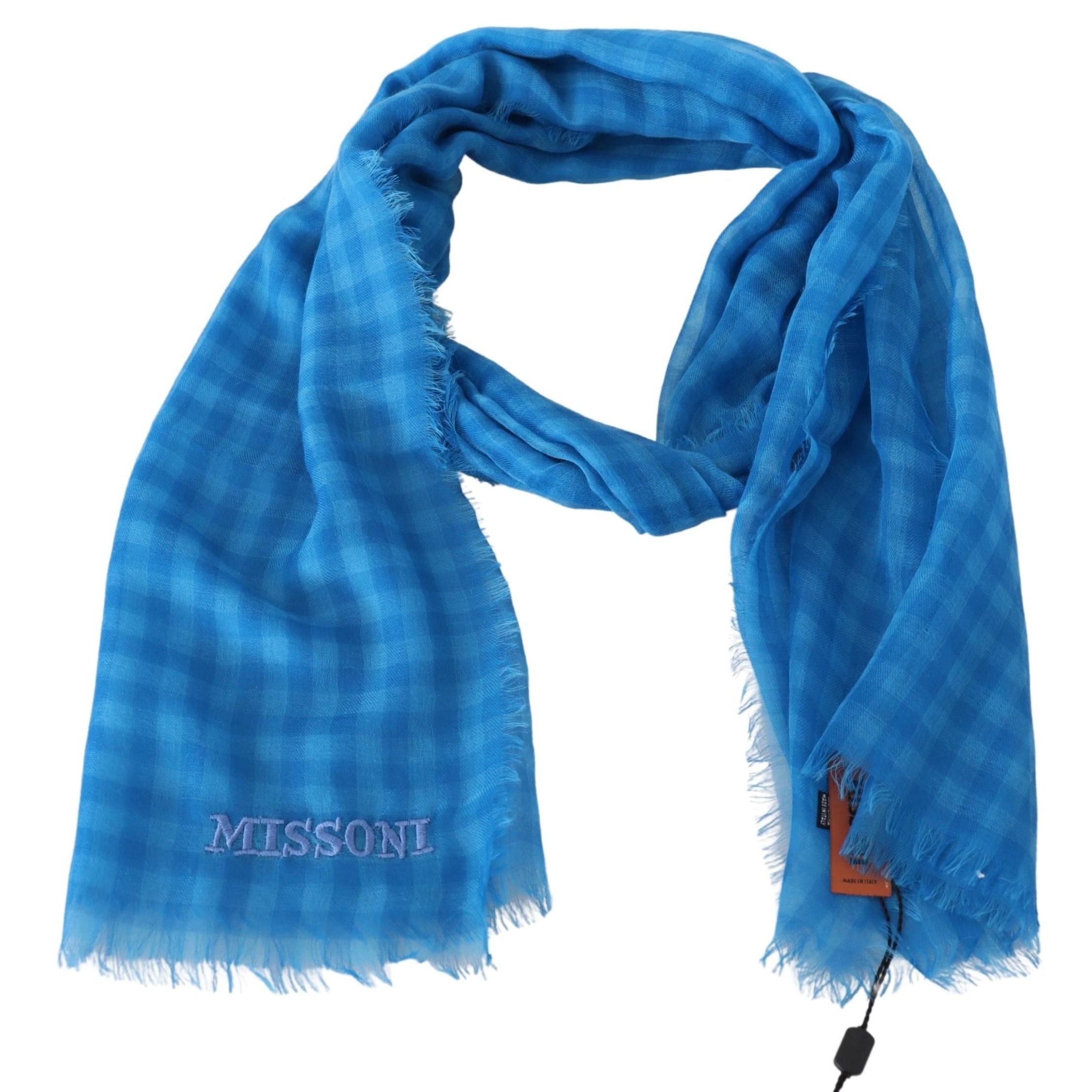 Missoni Blue Checkered Cashmere Unisex Wrap Fringes Scarf