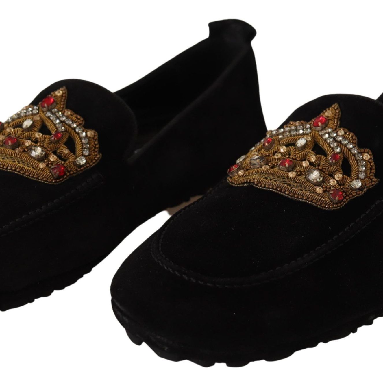 Dolce & Gabbana Black Leather Crystal Gold Crown Loafers Shoes