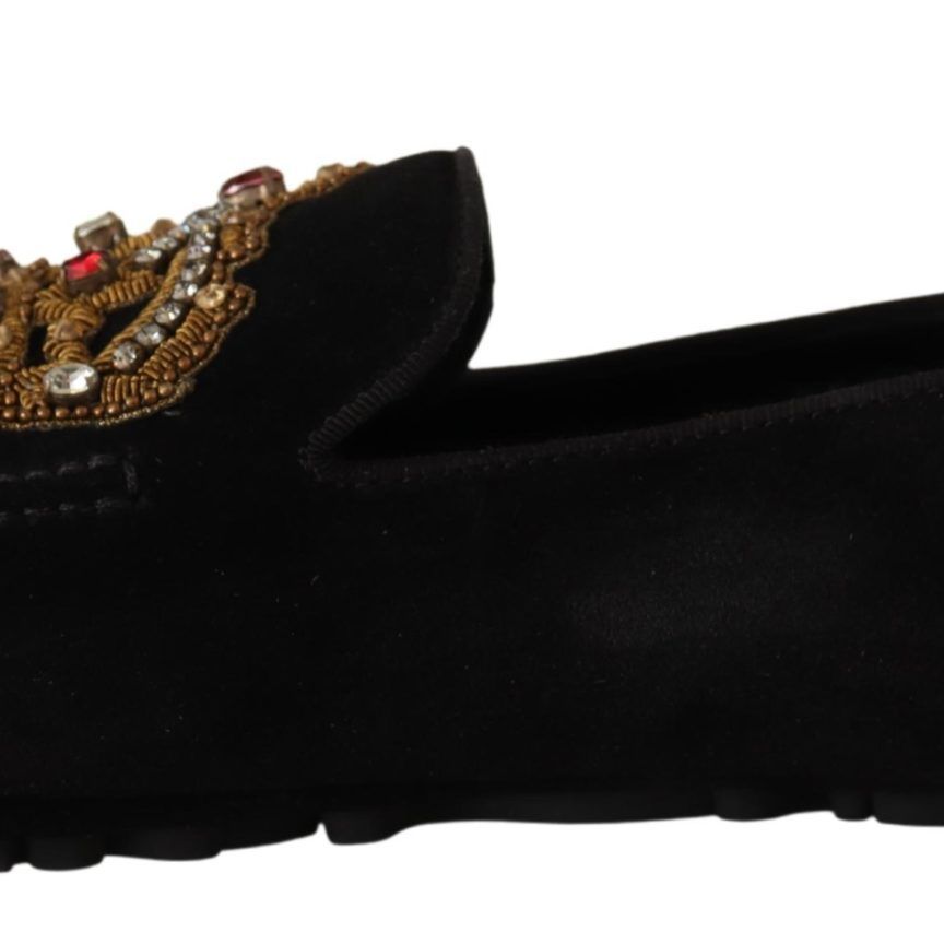 Dolce & Gabbana Black Leather Crystal Gold Crown Loafers Shoes