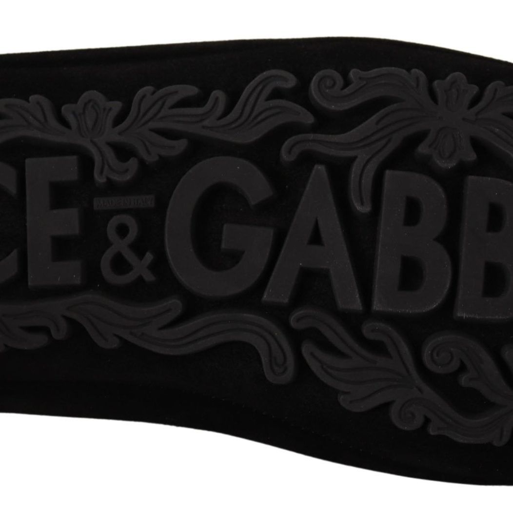 Dolce & Gabbana Black Leather Crystal Gold Crown Loafers Shoes