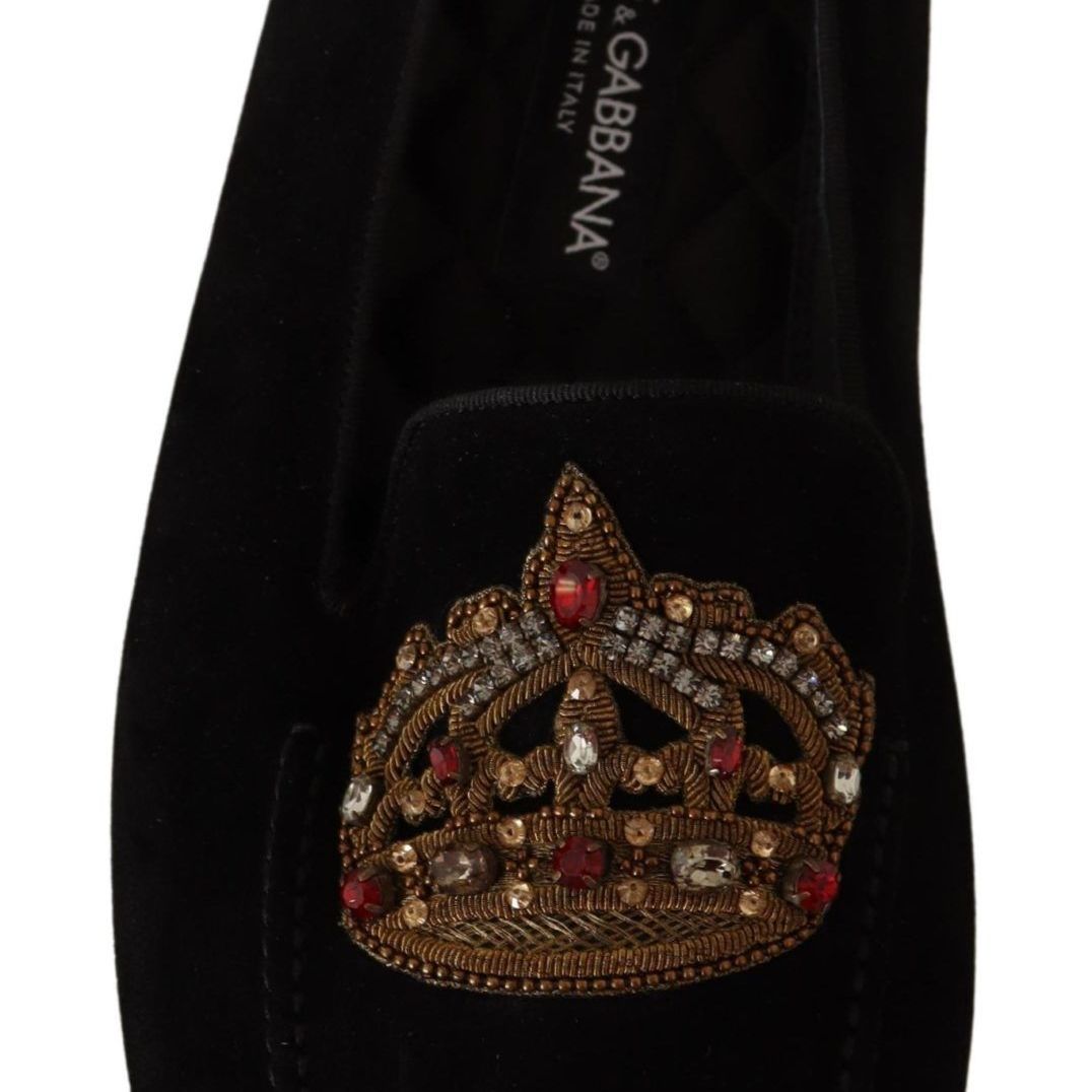 Dolce & Gabbana Black Leather Crystal Gold Crown Loafers Shoes