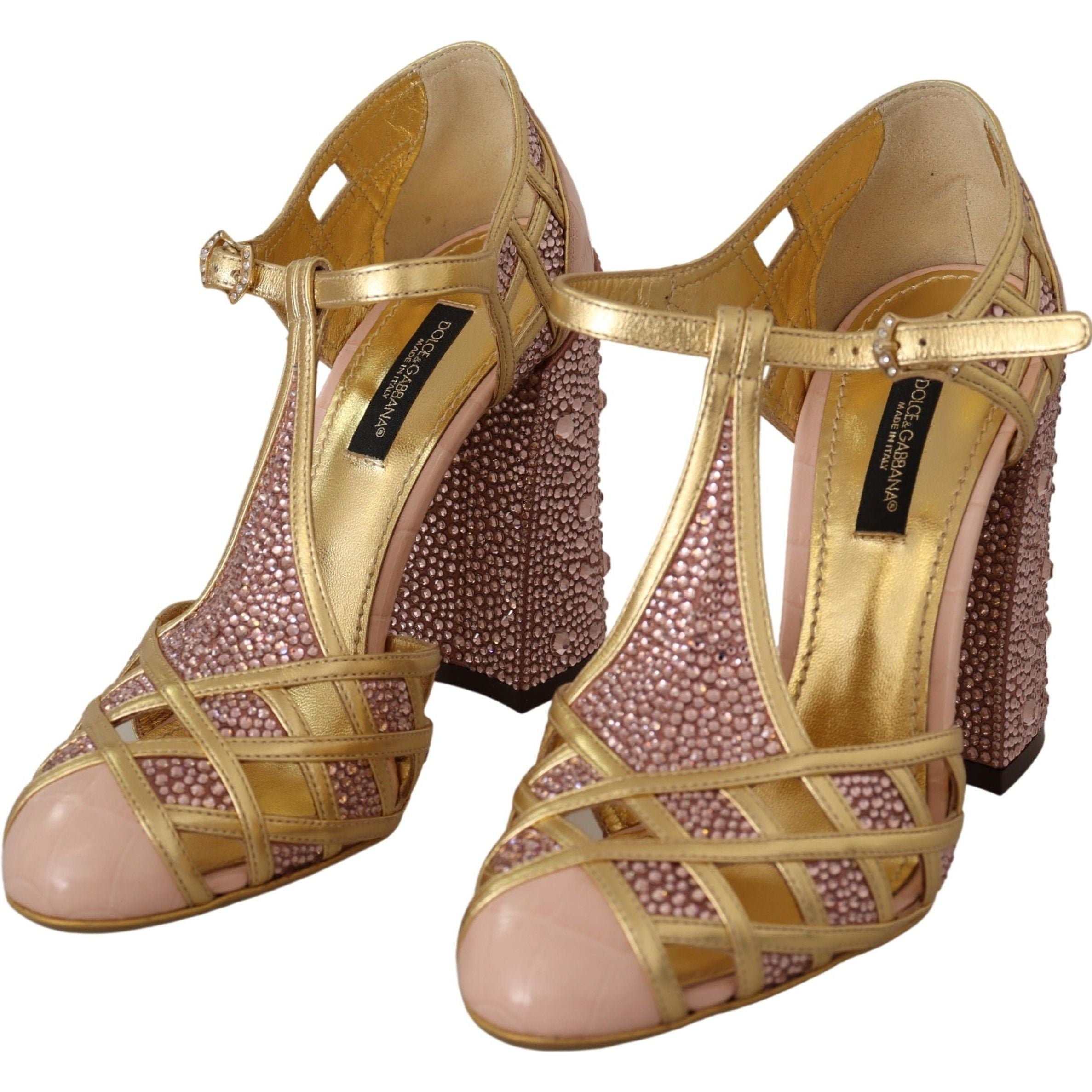 Dolce & Gabbana Pink Gold Leather Crystal Pumps T-strap Shoes