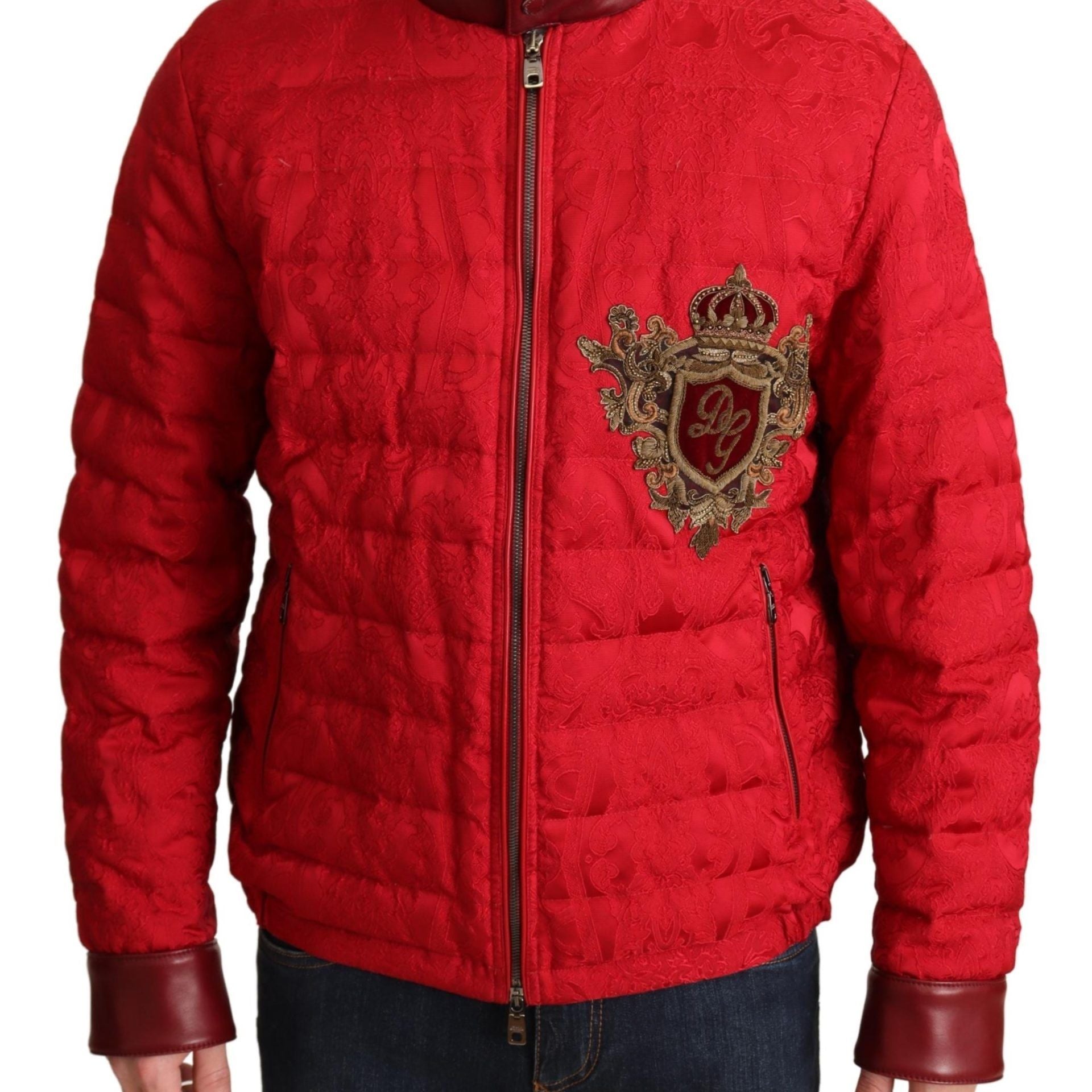Dolce & Gabbana Red Brocade Bomber Gold Crown Logo Coat Jacket