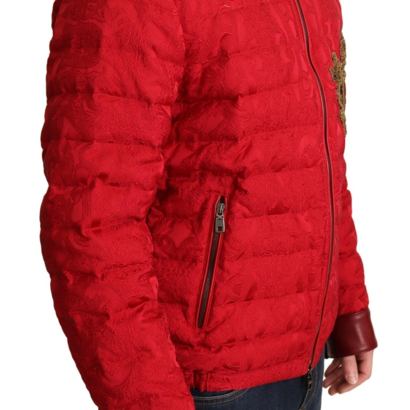 Dolce & Gabbana Red Brocade Bomber Gold Crown Logo Coat Jacket