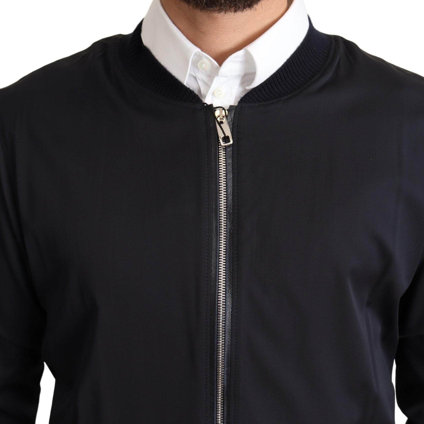 Dolce & Gabbana Blue Silk Coat Short Bomber Men Jacket
