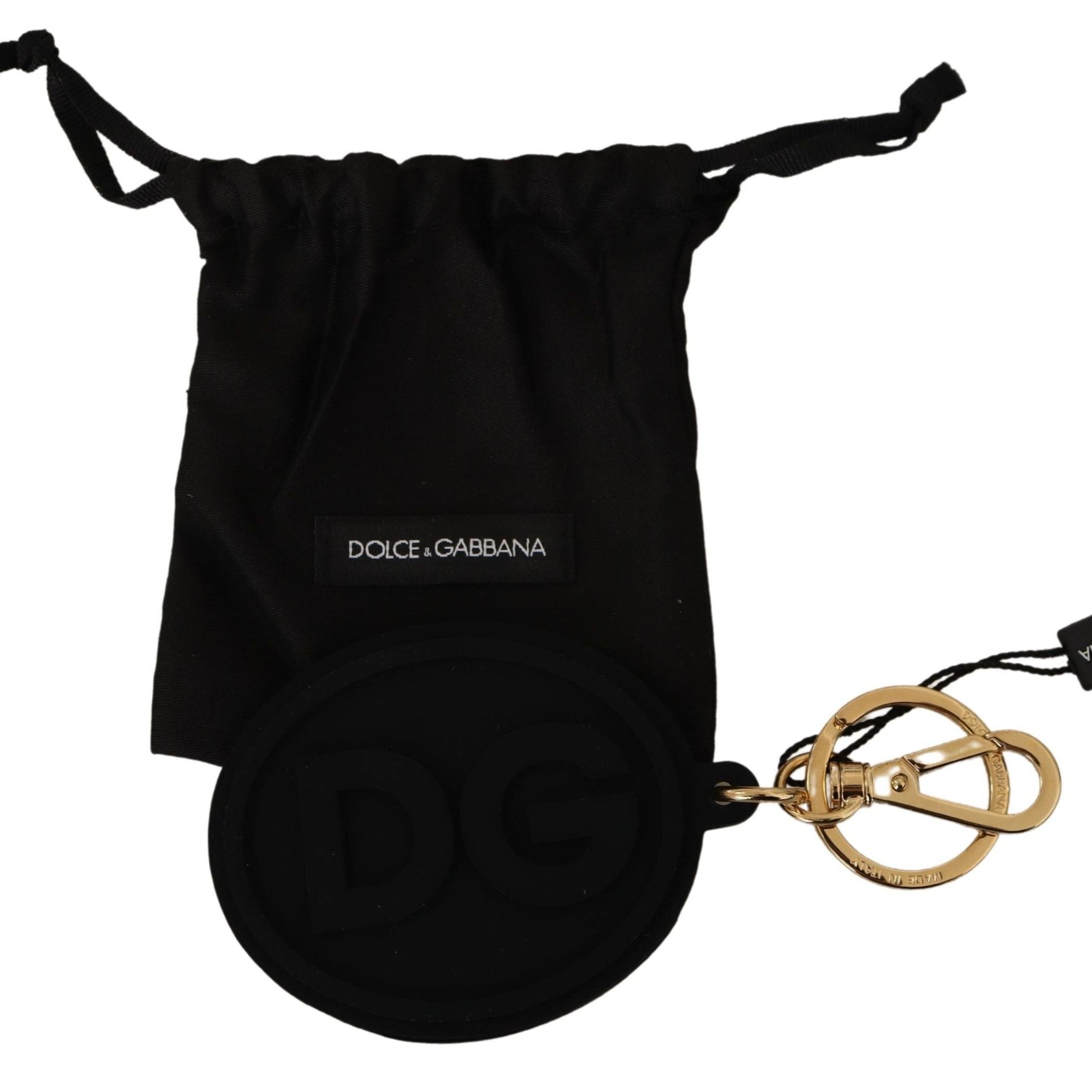 Dolce & Gabbana Black Rubber DG Logo Gold Brass Metal Keyring Keychain