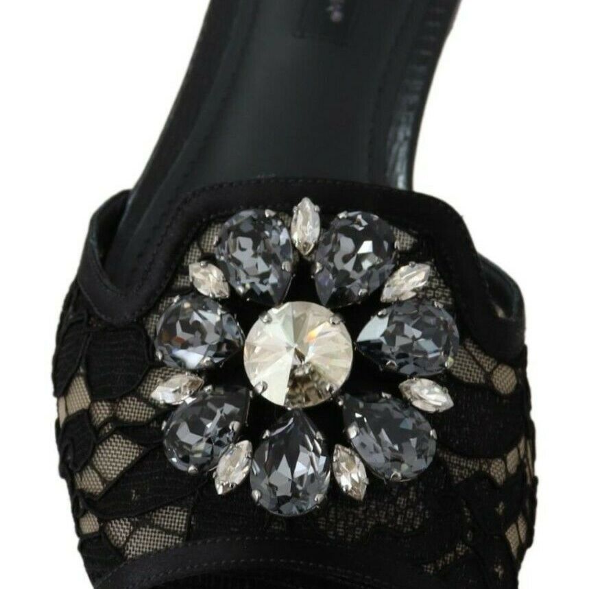 Dolce & Gabbana Black Taormina Lace Slides Crystals Flats Shoes