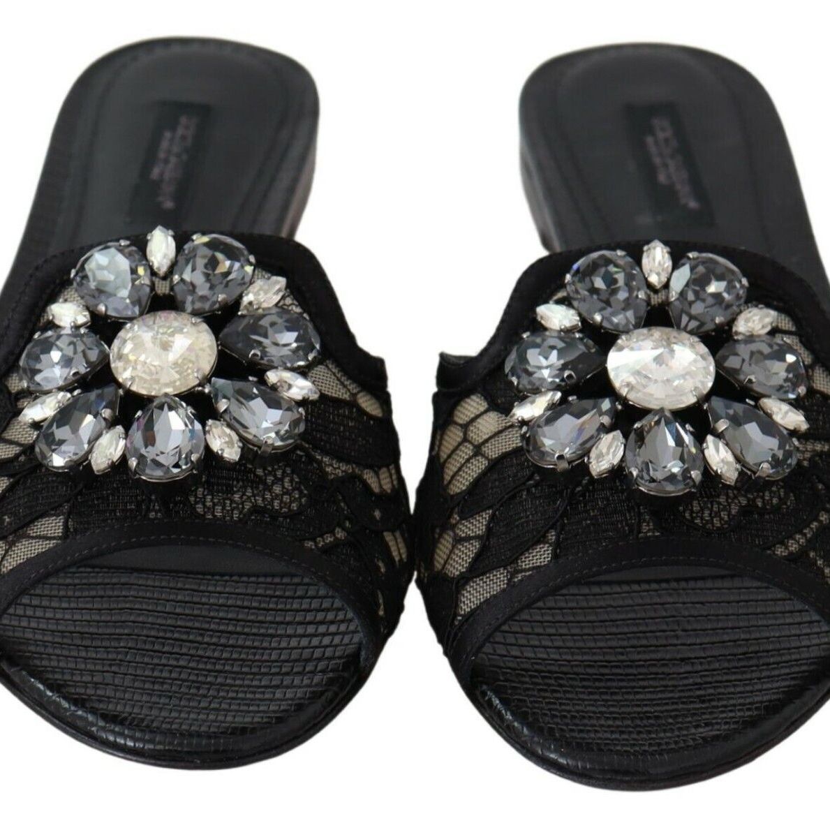 Dolce & Gabbana Black Taormina Lace Slides Crystals Flats Shoes