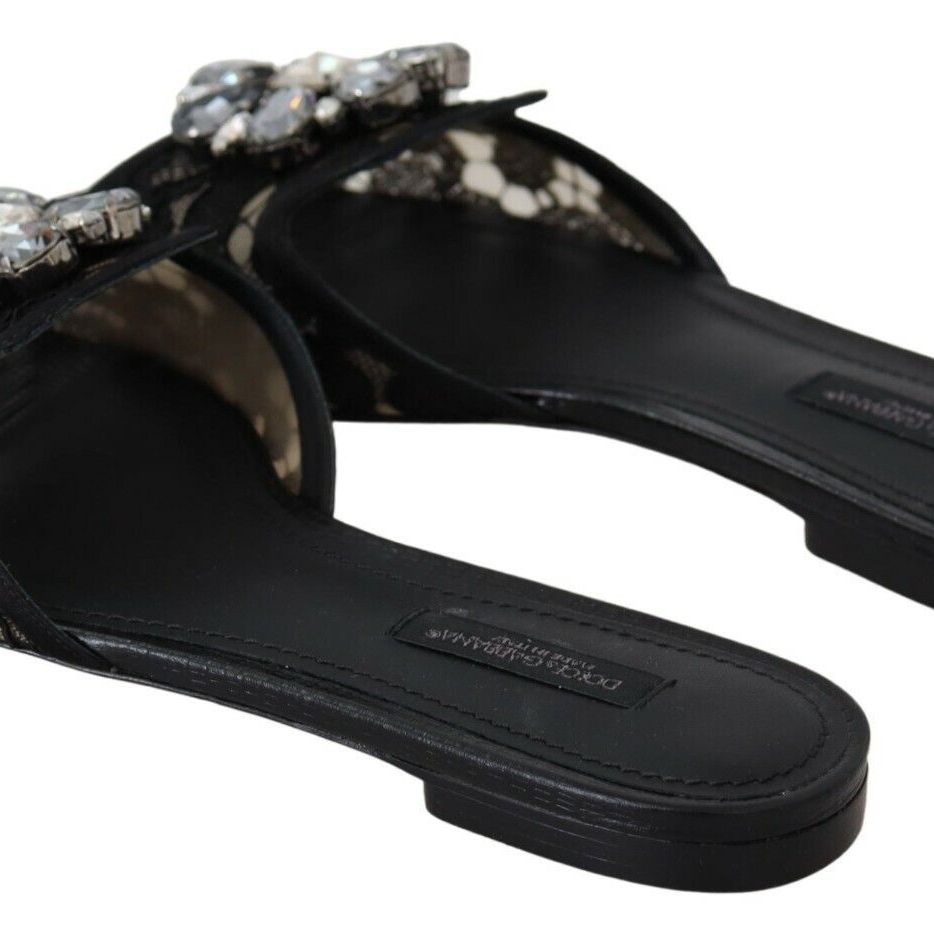 Dolce & Gabbana Black Taormina Lace Slides Crystals Flats Shoes