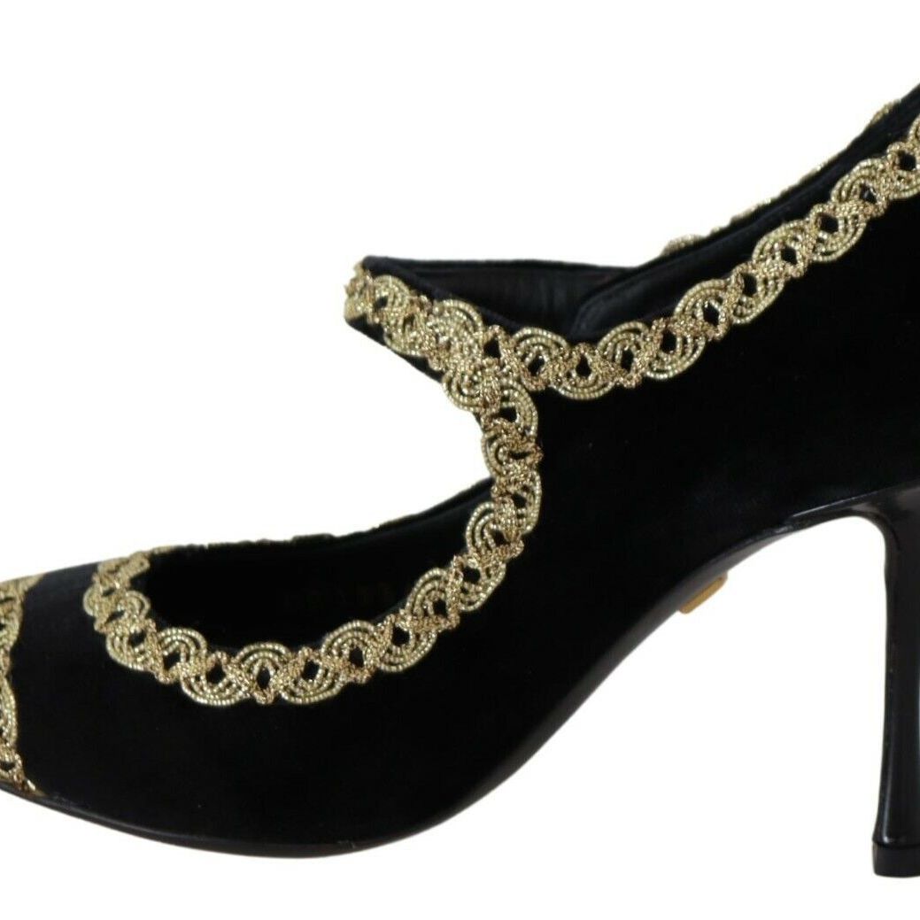 Dolce & Gabbana Black Embellished Velvet Mary Jane Pumps Shoes