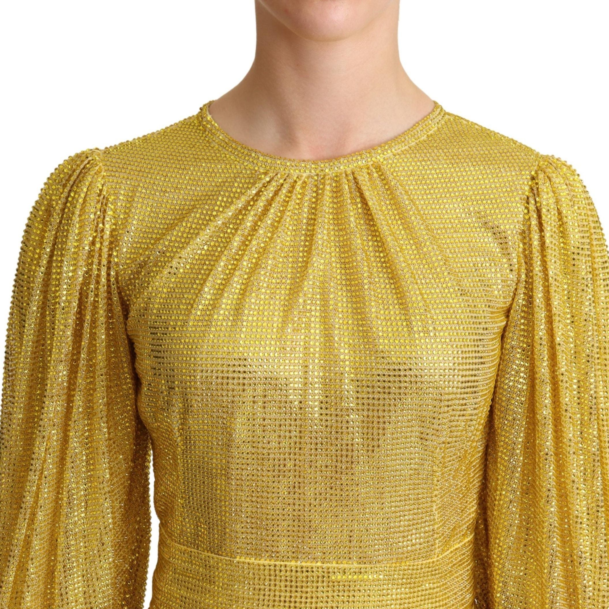 Dolce & Gabbana Yellow Crystal Mesh Pleated Maxi Dress