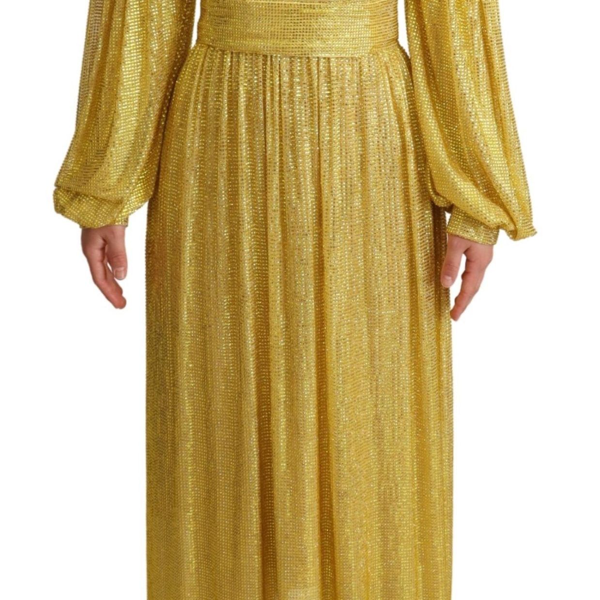 Dolce & Gabbana Yellow Crystal Mesh Pleated Maxi Dress