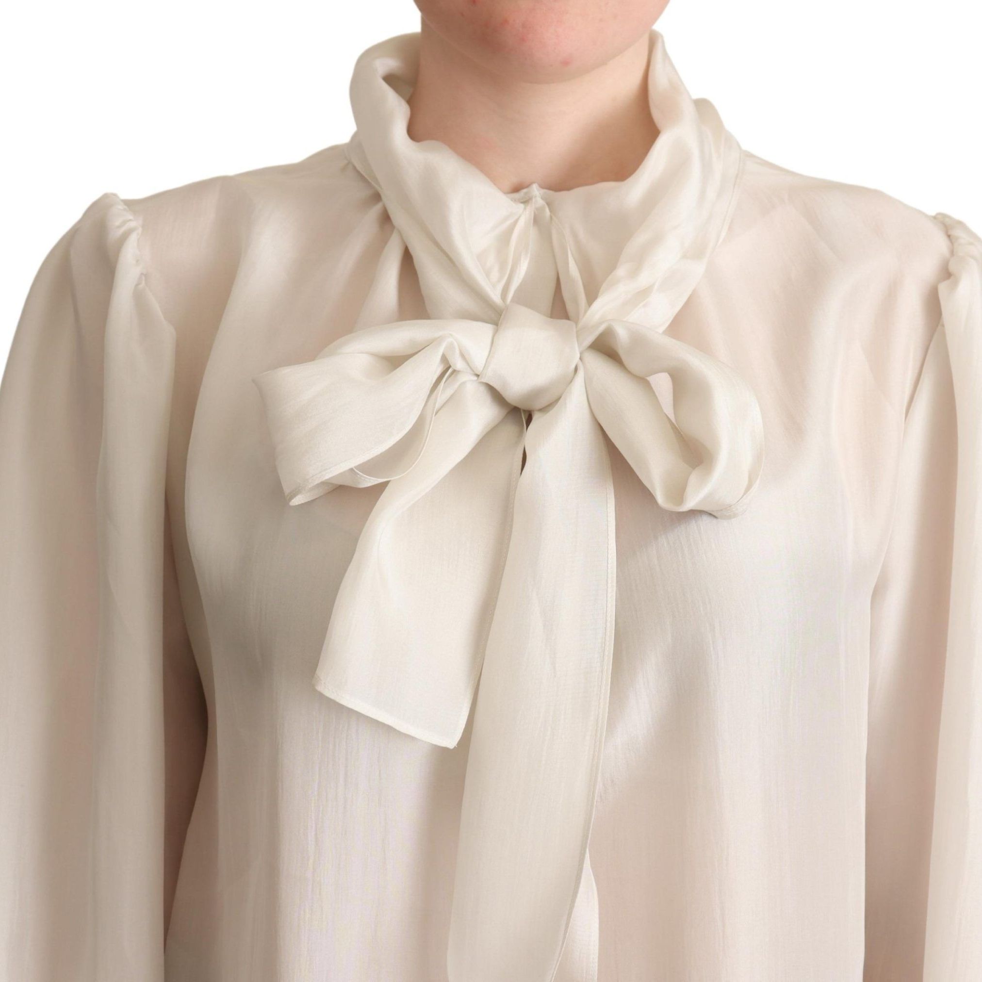 Dolce & Gabbana Light Gray Ascot Collar Shirt Silk Blouse Top