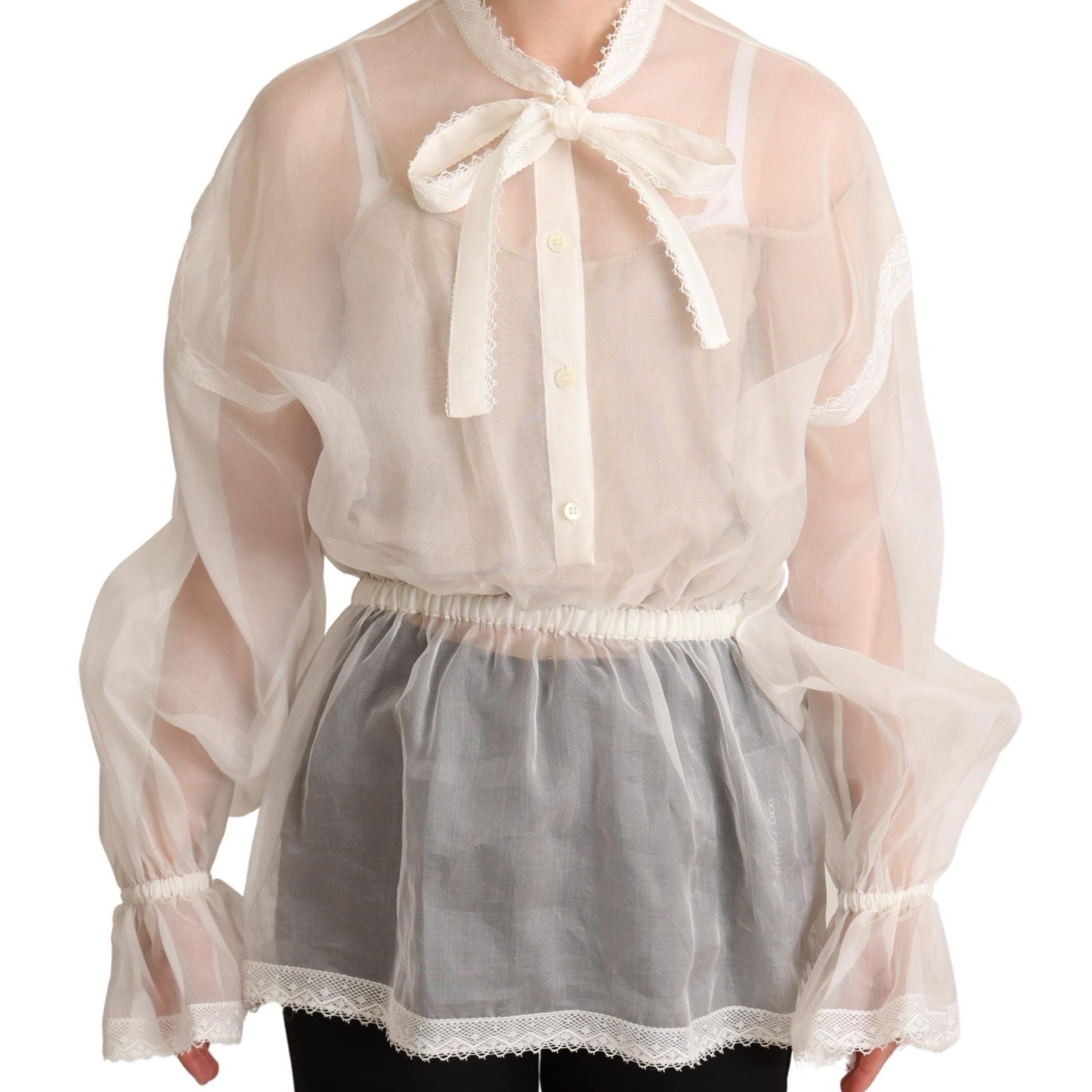Dolce & Gabbana White Ascot Collar Long Sleeves Blouse Top