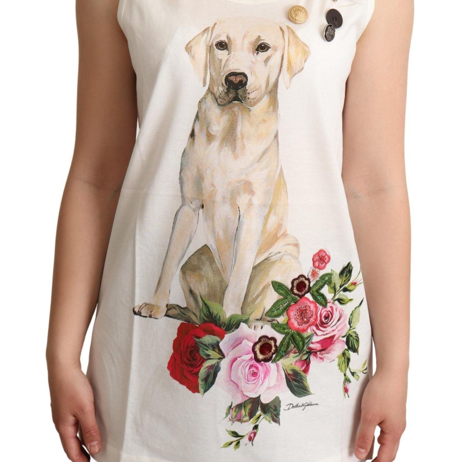 Dolce & Gabbana White Dog Floral Print Embellished T-shirt