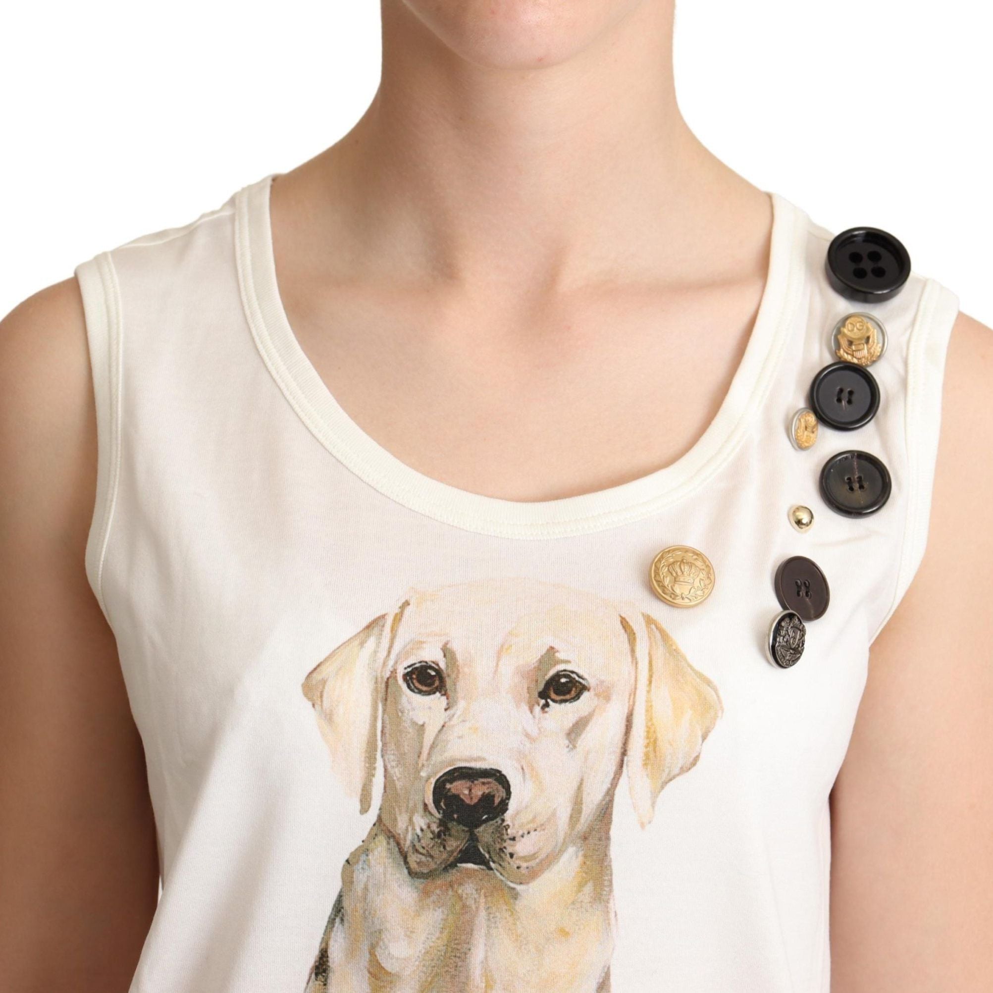 Dolce & Gabbana White Dog Floral Print Embellished T-shirt