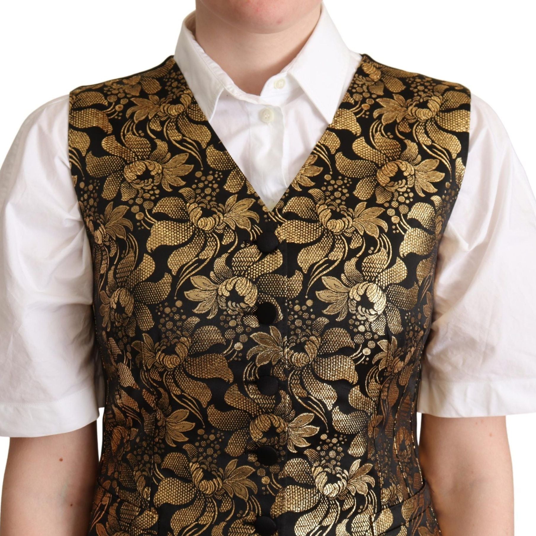 Dolce & Gabbana Black Gold Jacquard Silk Waistcoat Vest