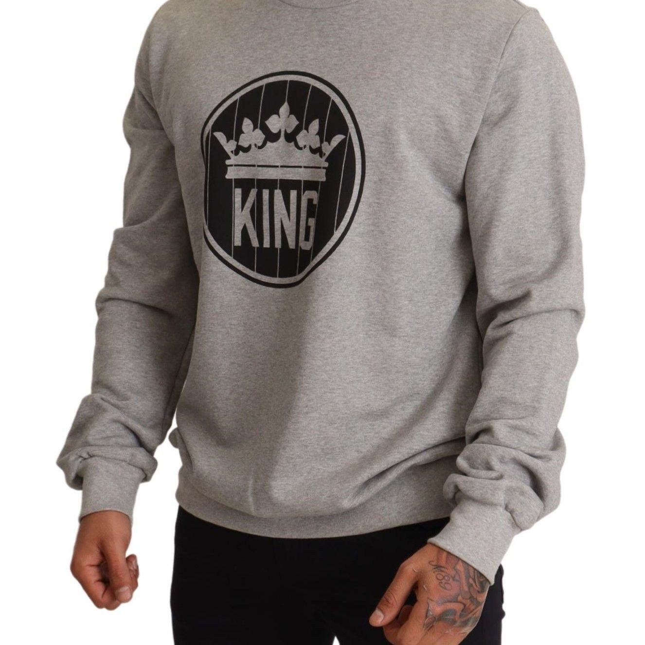 Dolce & Gabbana Gray Crown King Print Cotton Sweater