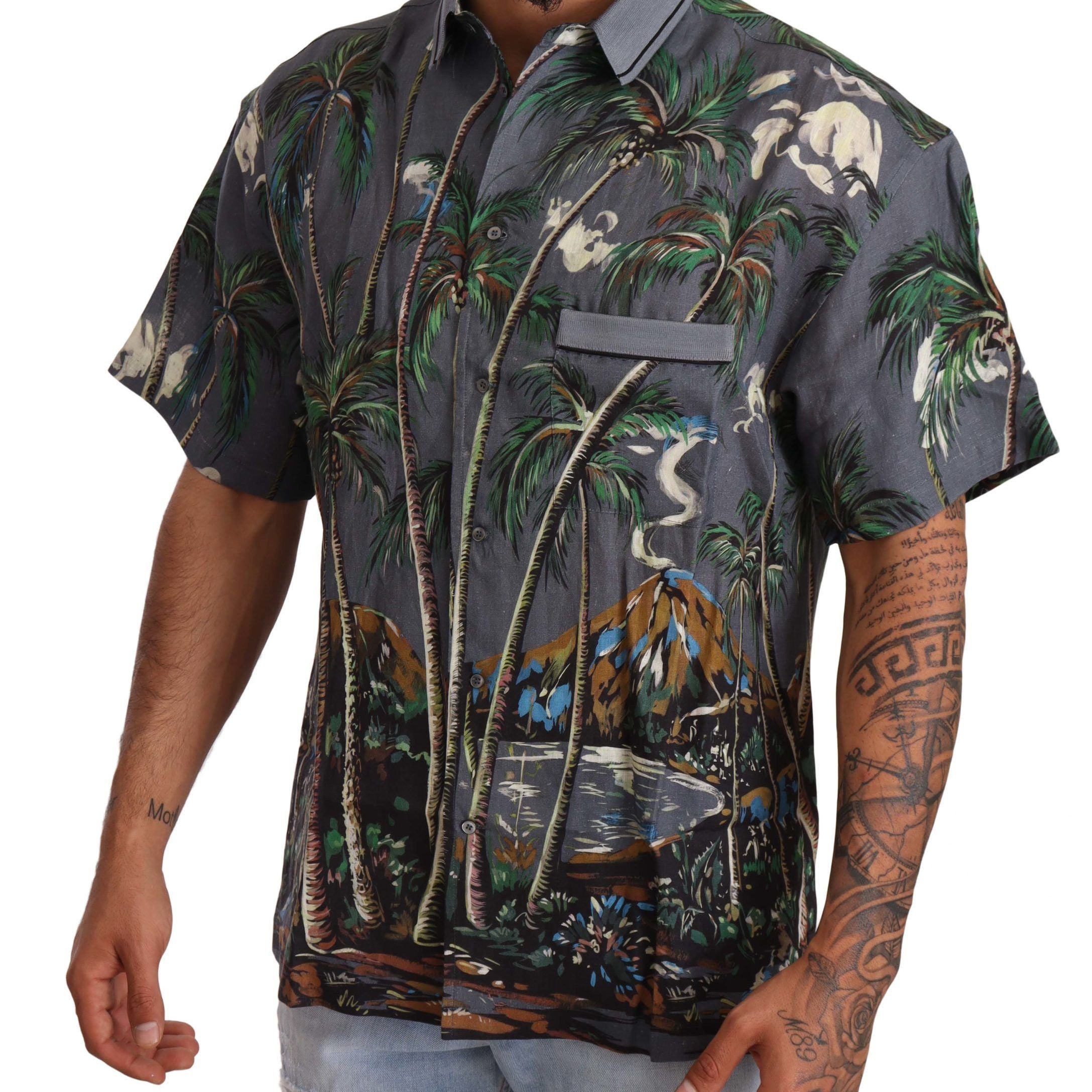 Dolce & Gabbana Gray Linen Tropical Print Collared Shirt