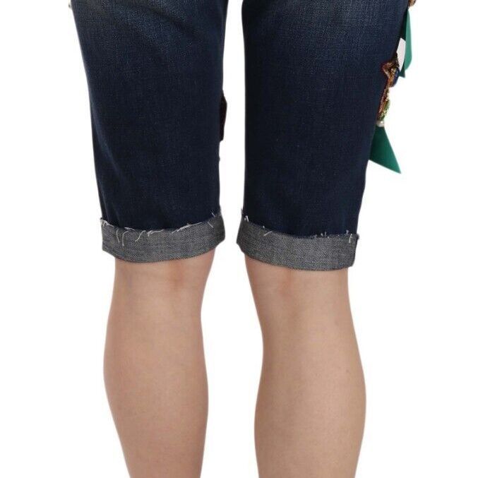 Dolce & Gabbana Blue Denim Mid Waist Crystal Capri Shorts