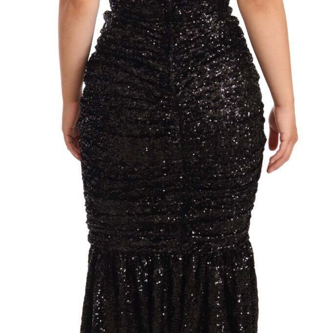 Dolce & Gabbana Black Sequined Open Shoulder Long Gown Dress