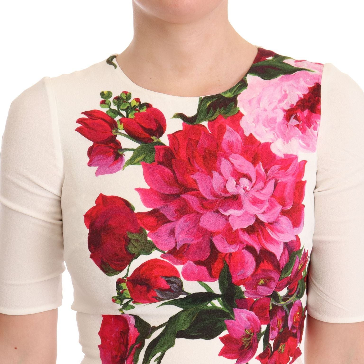 Dolce & Gabbana White Floral Printed Crepe Midi Slit Dress