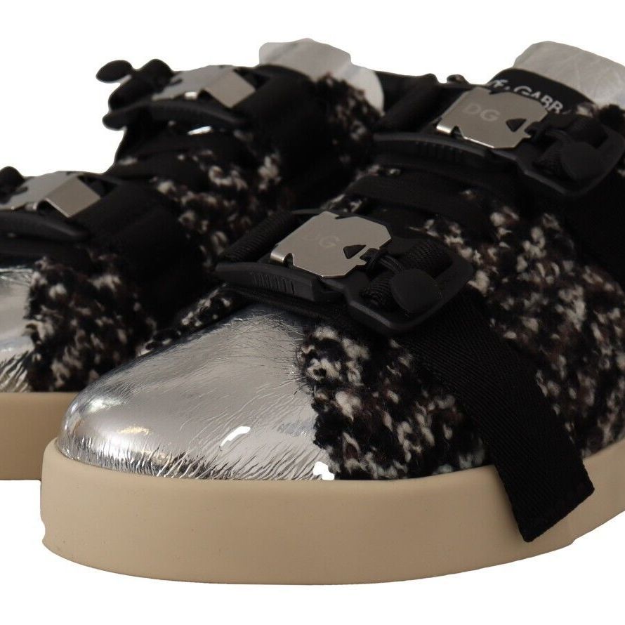 Dolce & Gabbana Silver Leather Brown Cotton Wool Sneakers Shoes