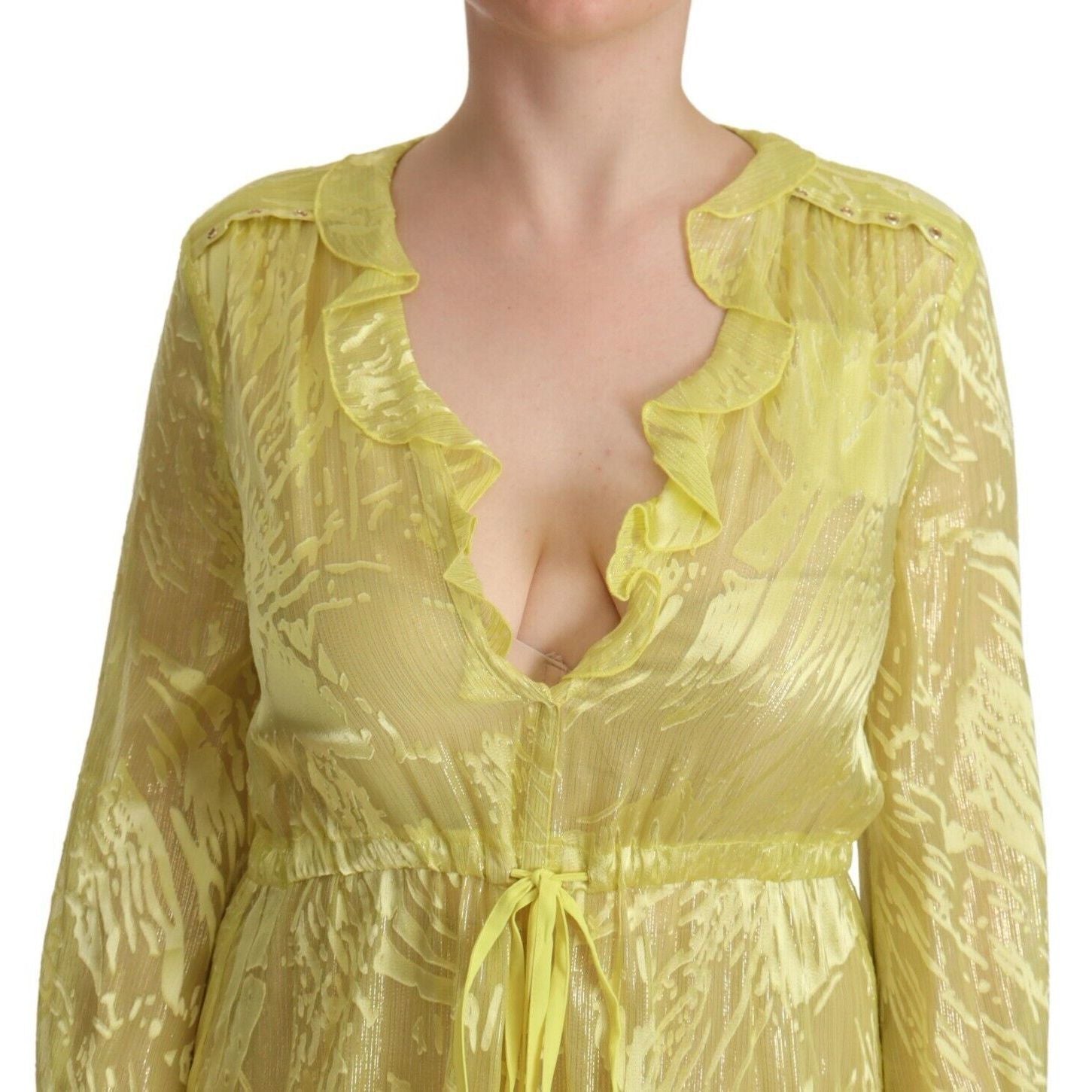 Patrizia Pepe Yellow Silk Long Sleeves Plunging Maxi Dress