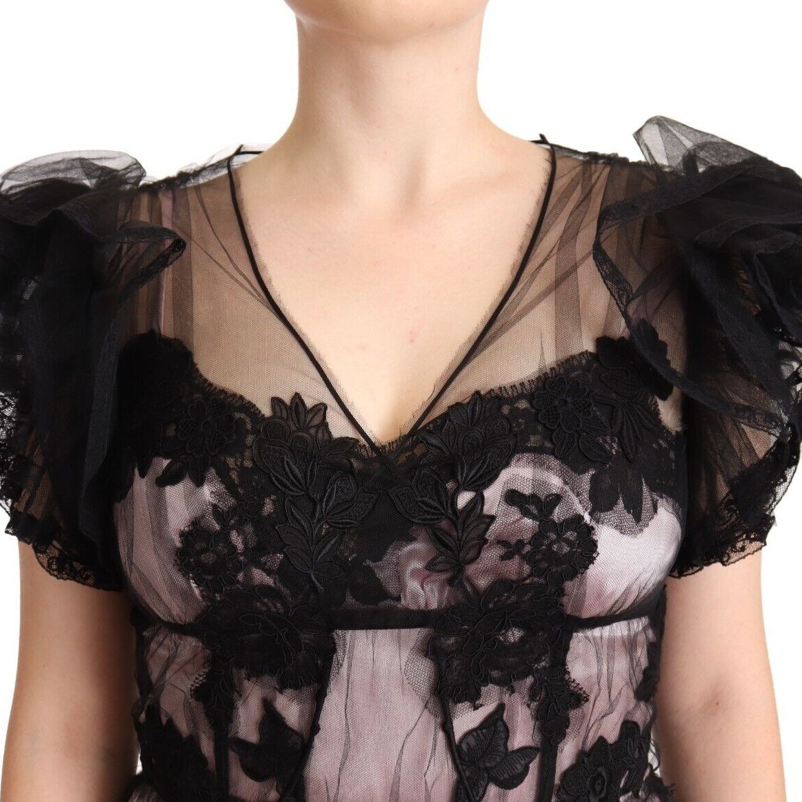 Dolce & Gabbana Black Pink Floral Lace A-line Midi Sheer Dress