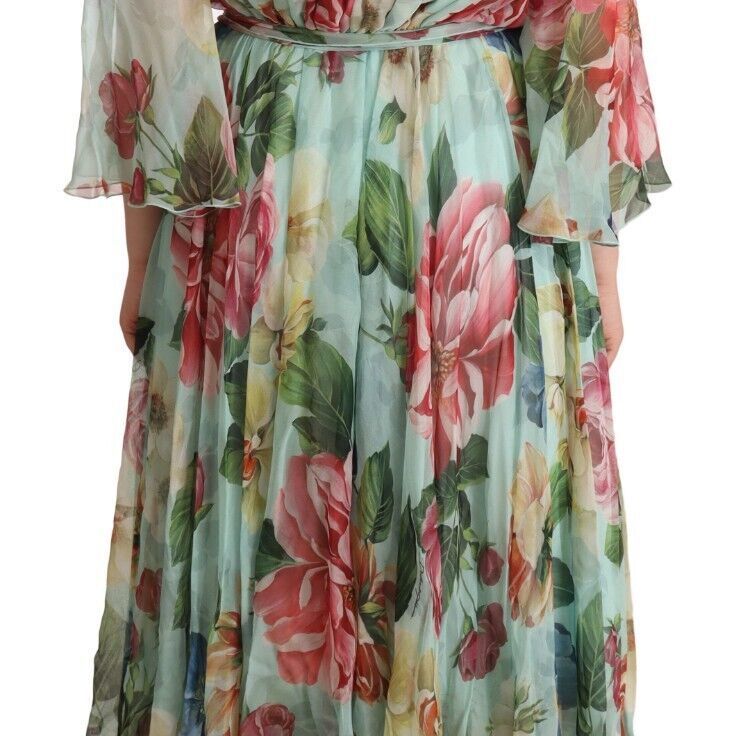 Dolce & Gabbana Green Floral Long Sleeves V-neck Midi Dress