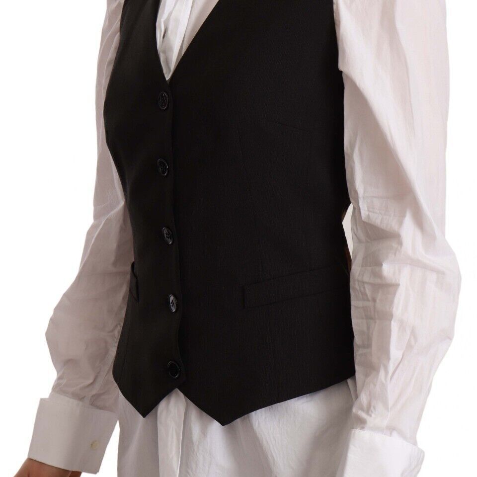 Dolce & Gabbana Black Button Down Sleeveless Vest Polyester Top