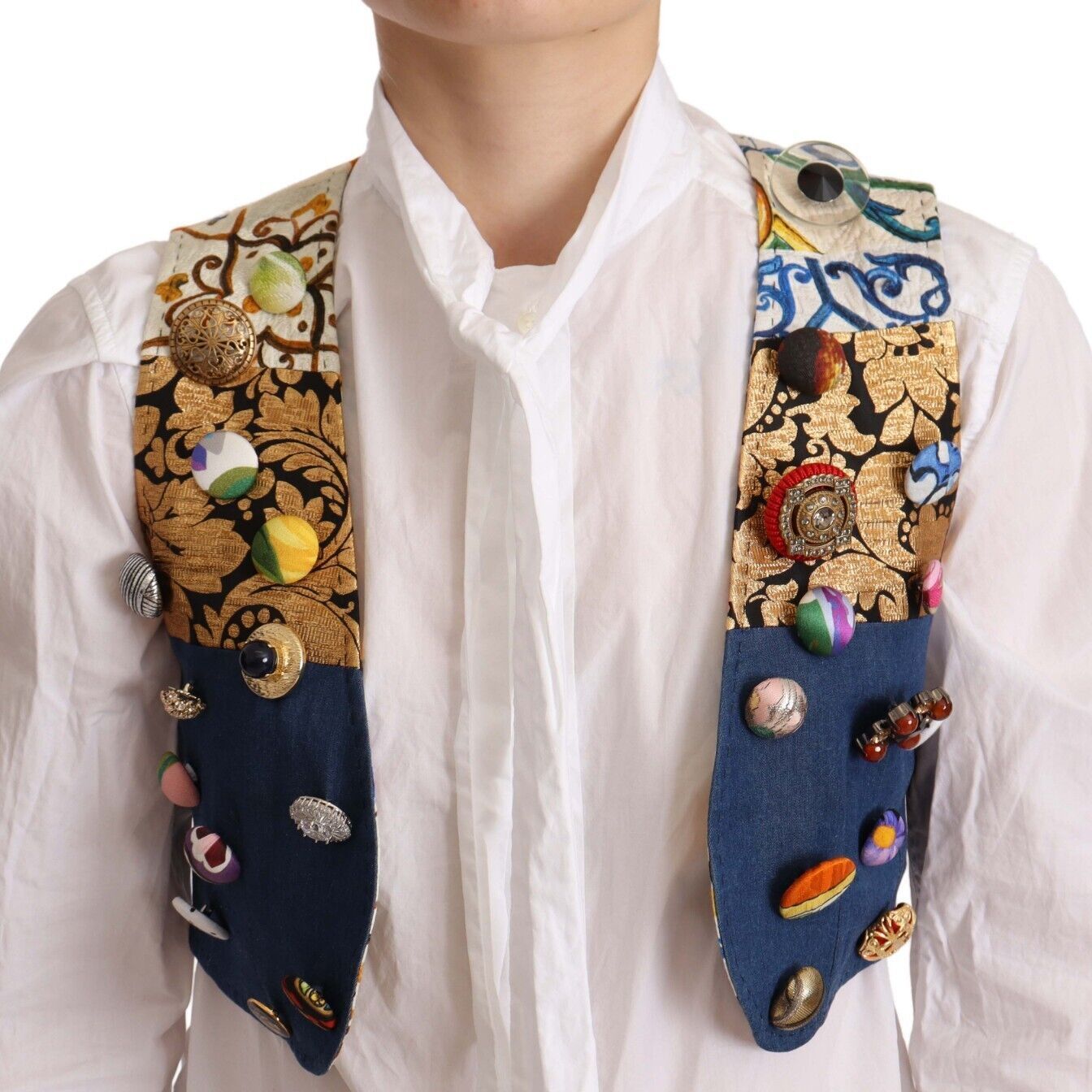Dolce & Gabbana Multicolor Embellished Waist Coat Cotton Top