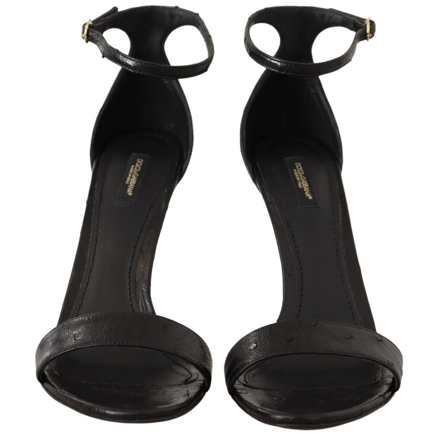 Dolce & Gabbana Black Ostrich Ankle Strap Heels Sandals Shoes